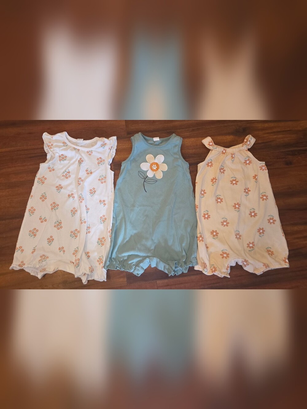 (3) EUC Baby Girl's Sleeveless Daisy Floral Rompers Snap In Crotch